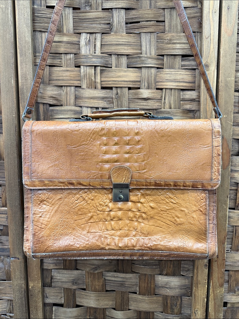 Vintage Crocodile Veneto Cognac Leather Briefcase Messenger with Shoulder Strap